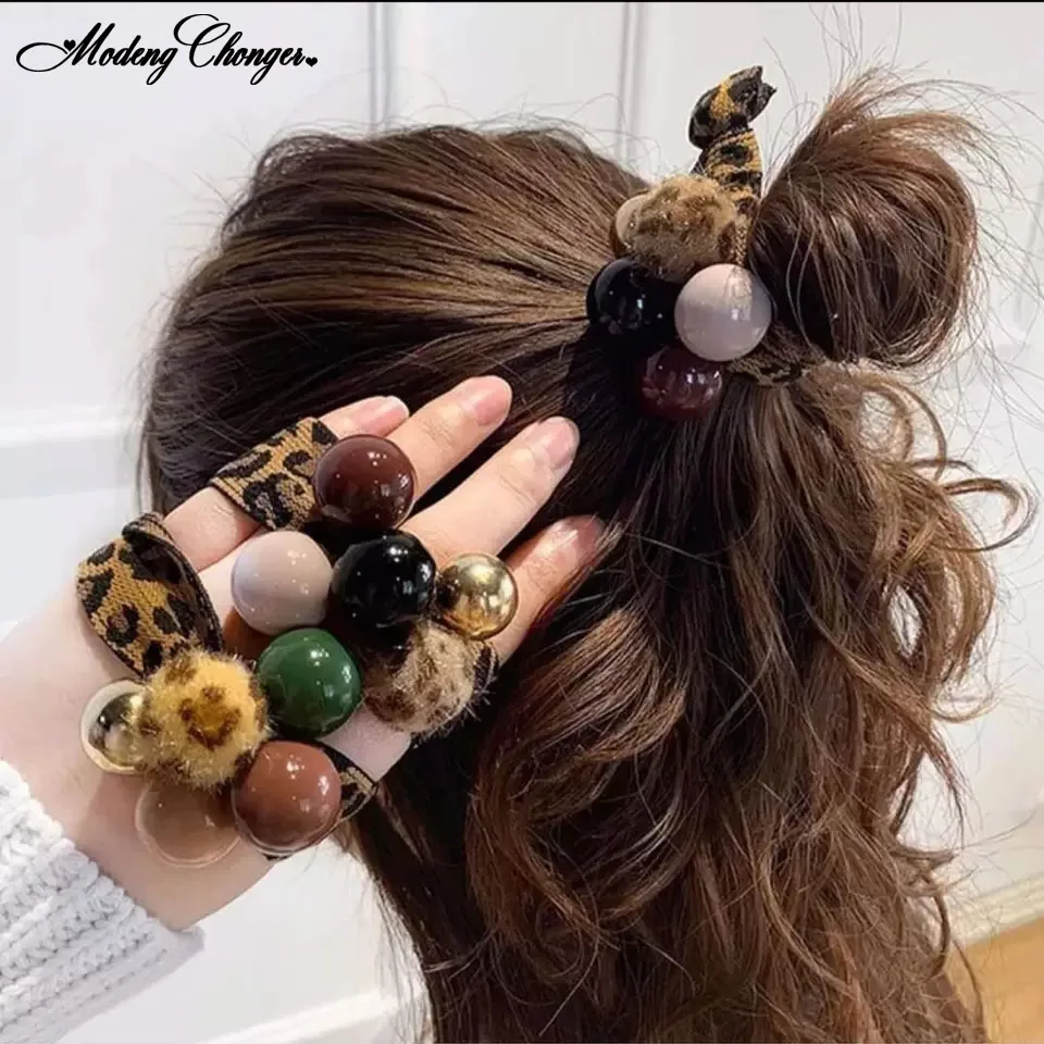 

Fashion Leopard Grain Hair Ropes Korea Cute Balls Hair Ties Elastic Hair Bands Women Ponytail Holder Headwear Hair Accessories