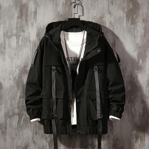Мужская куртка с капюшоном, осенняя повседневная куртка, много карманов, лента, японское свободное негабаритное пальто, корейский хип-хоп топ на молнии - Цвет: black