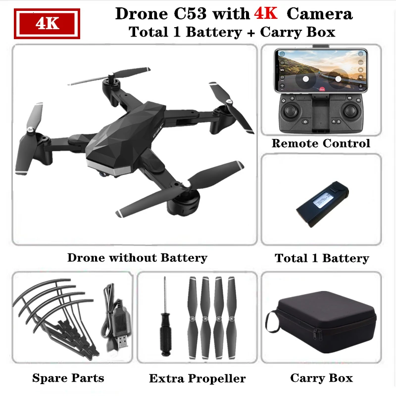 RC Drone C53 складной Дроны для селфи с 4K HD Двойная камера оптический поток следующий Квадрокоптер VS XS809S XS812 Вертолет игрушка - Цвет: 4K-Carry Box-1