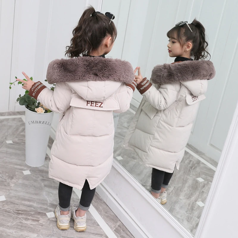 Новая модная детская зимняя куртка зимнее пальто для девочек детские теплые длинные пуховые пальто с капюшоном и меховым воротником для От 4 до 14 лет-подростков