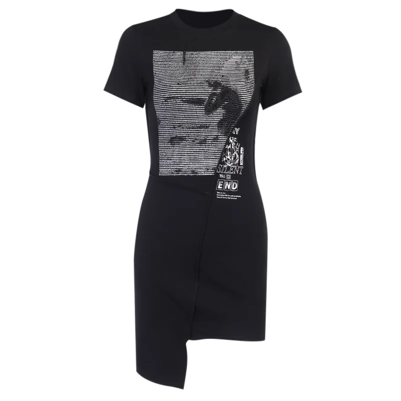 InstaHot women patchwork slim mini dress short sleeve printed round neck asymmetric hem streetwear casual cotton dresses 2020