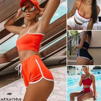 

2020 New Style Fashion Hot Women Sexy Patchwork tracksuit Workout Sports String Vest Short Pants Athletic Short Sets hot