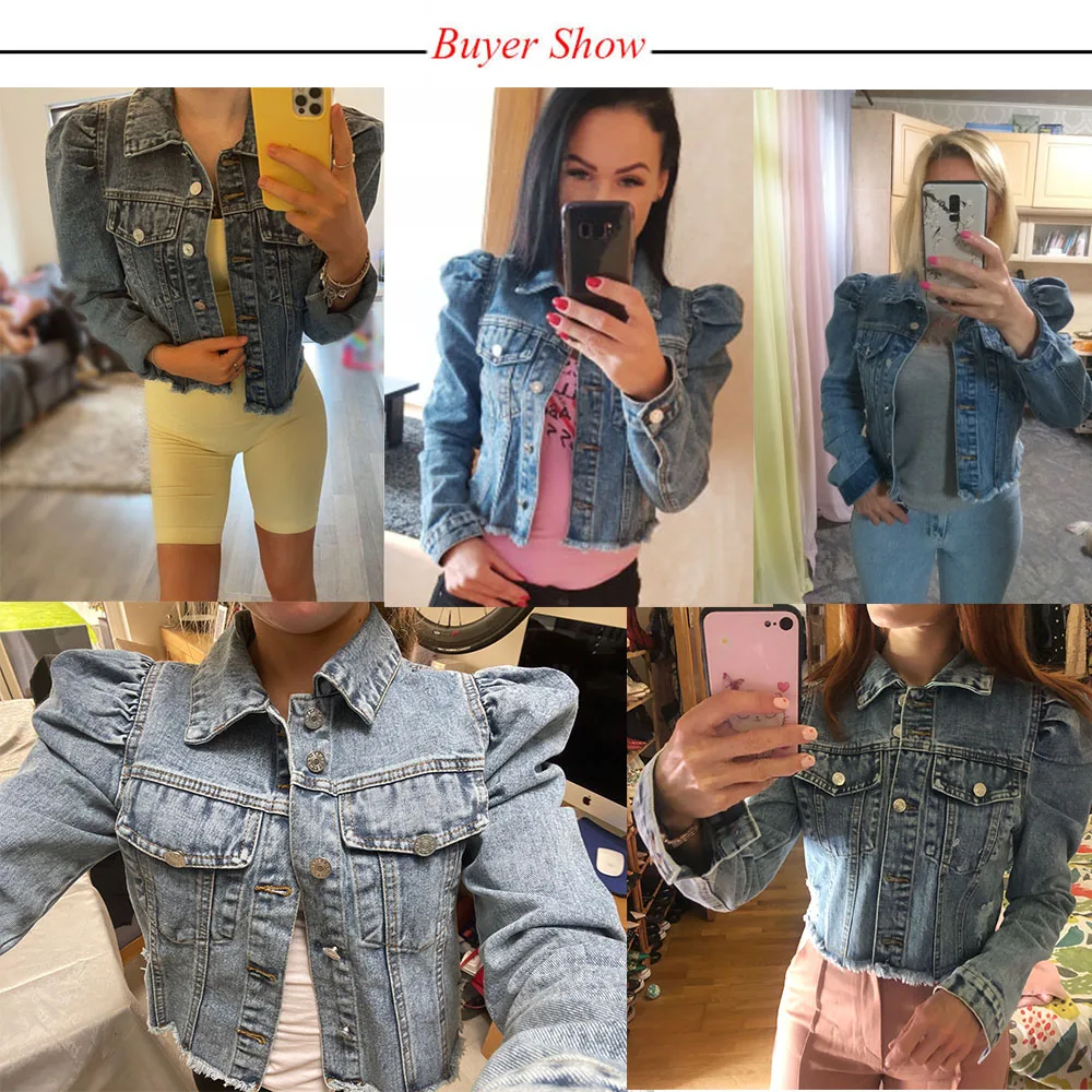 Blue Cropped Denim Jackets Women 2021 Puff Sleeve With Button Pockets Vintage Coat Autumn Winter Streetwear Ripped Jean Outwear