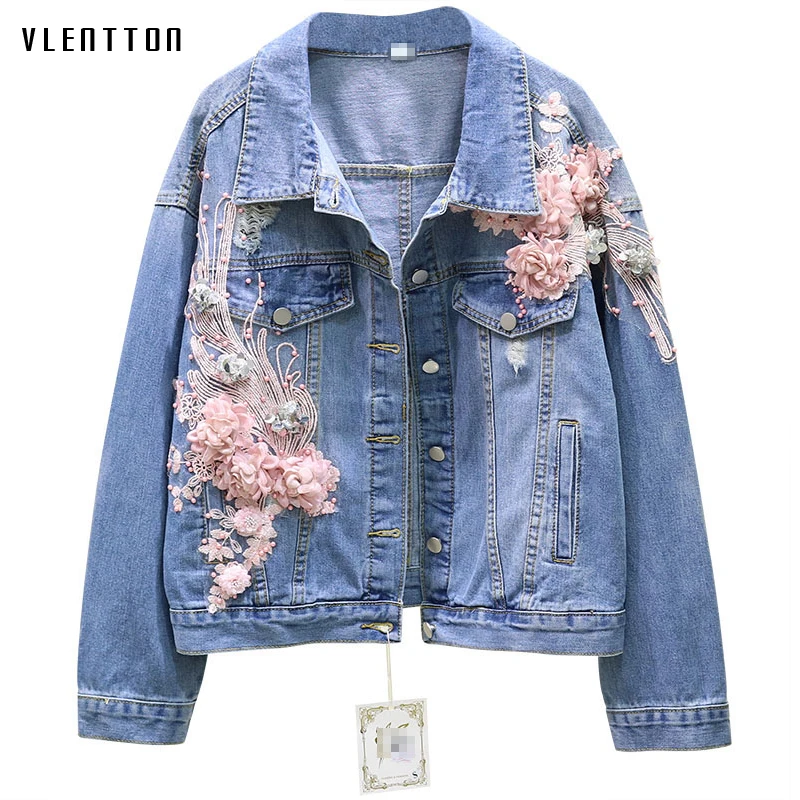 

2019 Spring Autumn Korean Embroidery Beading Sequins Flower Hole Denim Coat Female Casual Loose Jean Jackets Women Outwear Tops
