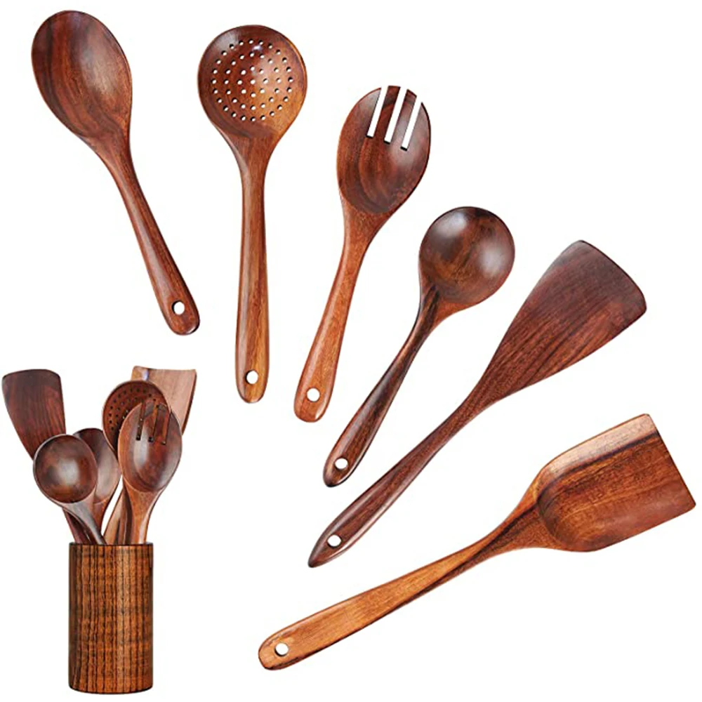 1-7pcs Kitchen Utensils Set Wooden Cooking Utensil Set Non-stick Pan Kitchen Tool Neighbor gift Wooden Cooking Spoons Set