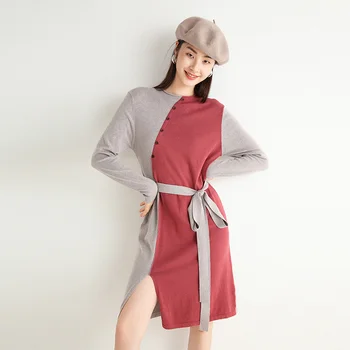 

DSANNINGT 2020 New Fashion stitching cashmere dress round neck autumn winter wool dress loose simple long-sleeved dress women