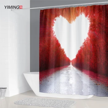 

YIMING Heart shaped maple leaf forest printed shower curtain polyester washable curtain mildew bathroom decoration with hook