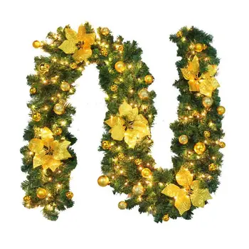 

2.7M Decorated Garland Illuminated with Lights Christmas Decoration Xmas Garland for Fireplace Stairs Gold Baubles Flowers Xmas