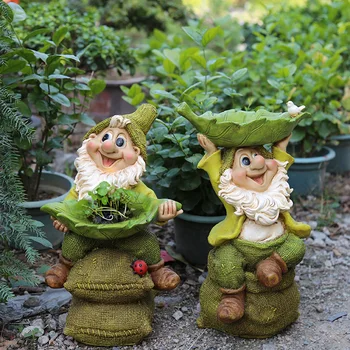 

Garden Character Statue Yard Balcony Figurines Home Furnishing Decor Dwarf Holding Leaves Sitting On Stacked Sacks A Flower Pot