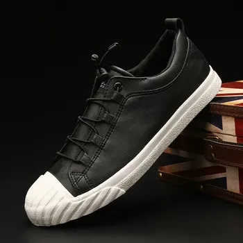 

Fashion Men ALL BLACK Casual Shoes Leather Sneakers Men Flats Vulcanized Shoes Zapatos De Hombre Black Zapatillas A11-69
