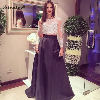 

Two Piece Prom Dresses Long Sleeve Appliques A Line Satin Floor-Length Party Dress Homecoming Dresses Vestidos De Festa