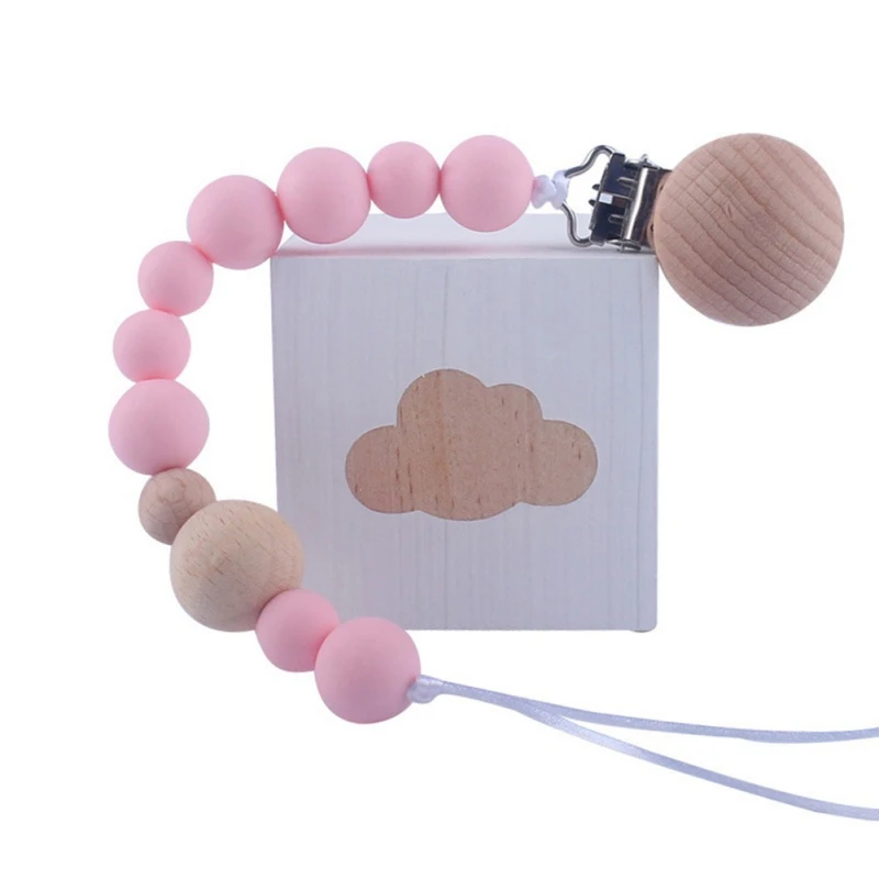 

Baby Pacifier Clip Silicone Beads Wood Teether Chew Toy Dummy Nipple Teethers Clip Holder Baby Shower