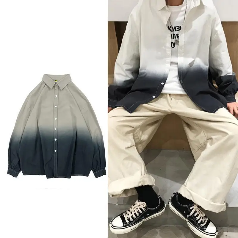 Мужские рубашки Camisa градиентная свободная Мужская рубашка Blusa Masculina Повседневная рубашка с длинным рукавом и отложным воротником мужская рубашка Camisa Masculina