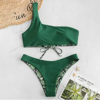 

Artificial Snake Skin Printed Women Tankini One Shoulder Lace-up Thick Bikini Swimwear Lady Padded Bra Beach Suit Swimsuit New