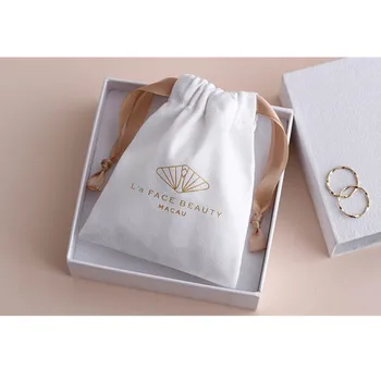 

50pcs Personalised Logo print Jewelry Packaging Wedding Favor Bags White Cotton Drawstring Bags Custom flannel Chic Small Pouch