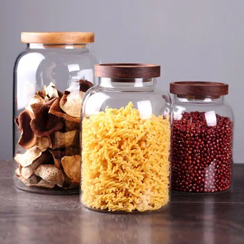 

High Borosilicate Glass Storage Jars Kitchen Sealing Cans Wooden Lid Household Kitchen Grain Bean Food Candy Tea Storage Bottle