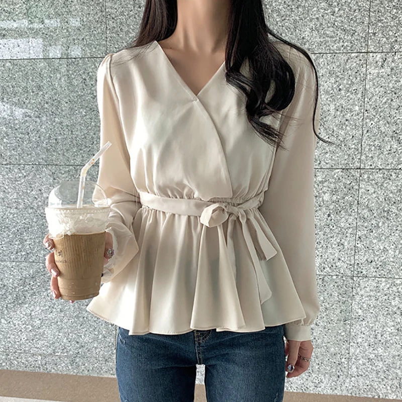 Blusas Elegantes con cuello en V para Mujer, blusa De gasa De manga larga con lazo y camisa informal con botones para Mujer 2022 - AliExpress Ropa de mujer