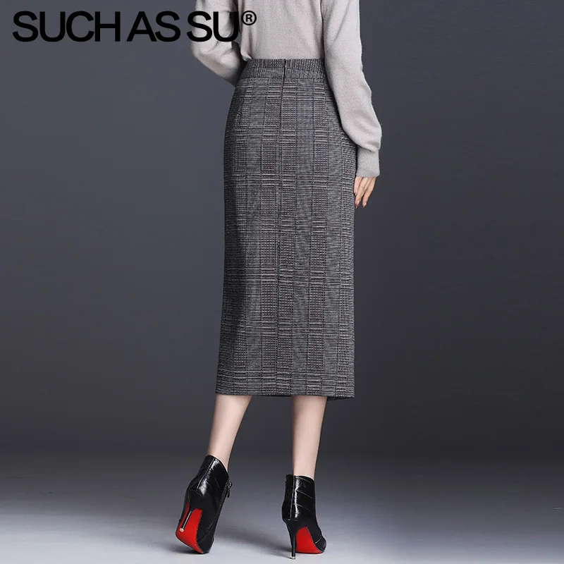 Новая осенне-зимняя клетчатая юбка для женщин Черная вязанная юбка с завышенной талией S-3XL размера плюс юбка-карандаш средней длины для женщин