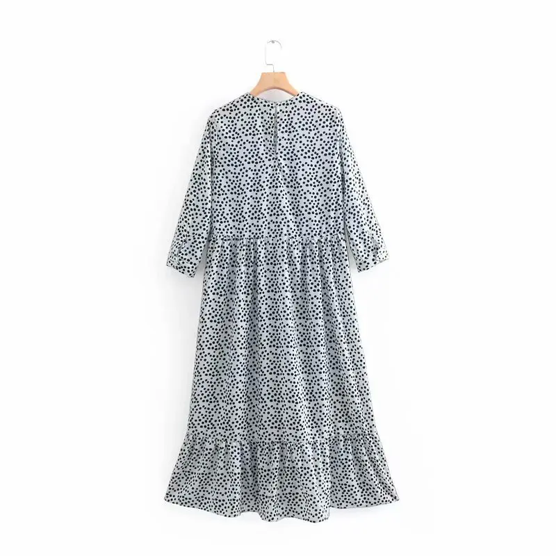 2019 Women Dots Print Maxi Dress Pleated Three Quarter Sleeve Female Casual Straight Dresses Dropshipping | Женская одежда