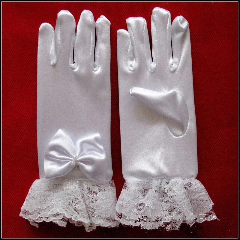Модные белые детские кружевные Сатиновые короткие перчатки с длинными пальцами для девочек с кружевами и жемчужинами, детское праздничное платье, перчатки