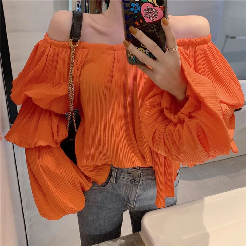 Blusas mujer de moda женская одежда slash Шея фонарь рукав женские топы корейский стиль Горячая весна осень новые рубашки сексуальный стиль