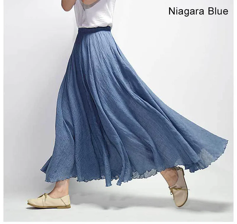 Женская льняная длинная юбка с высокой талией элегантная Летняя женская Повседневная Эластичная Талия 2 слоя юбки saia feminina 20 цветов - Цвет: Niagara blue