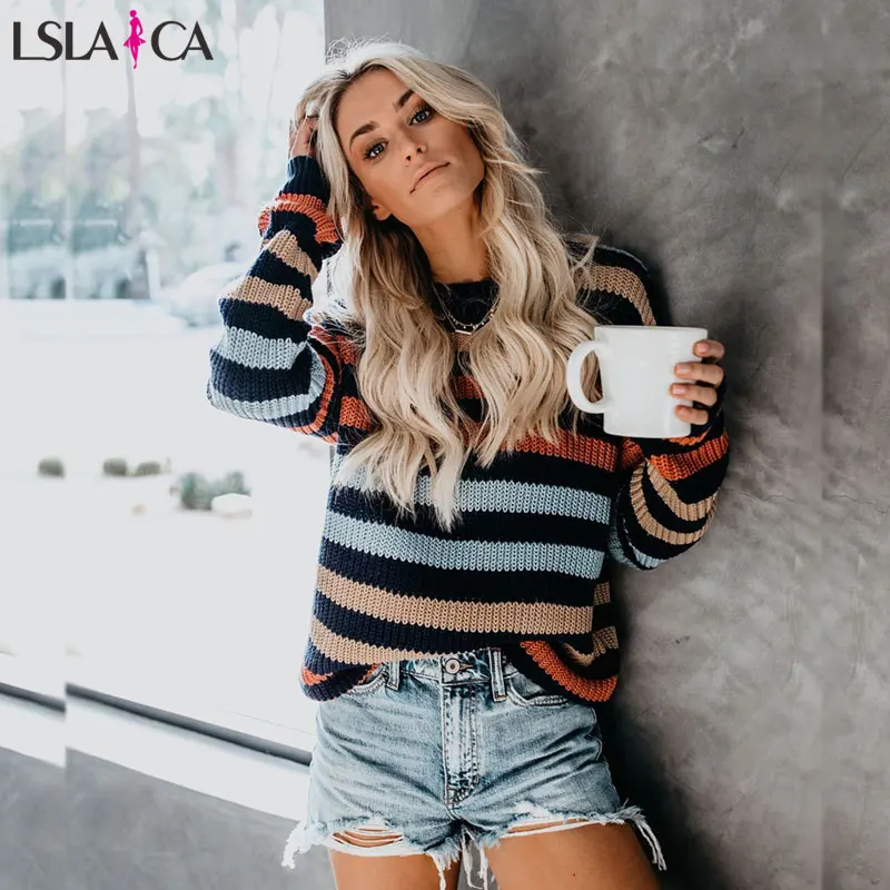 

Colorful striped stitching loose sweater ladies large size pullover autumn casual wild trend sweater rainbow sweater Vestidos