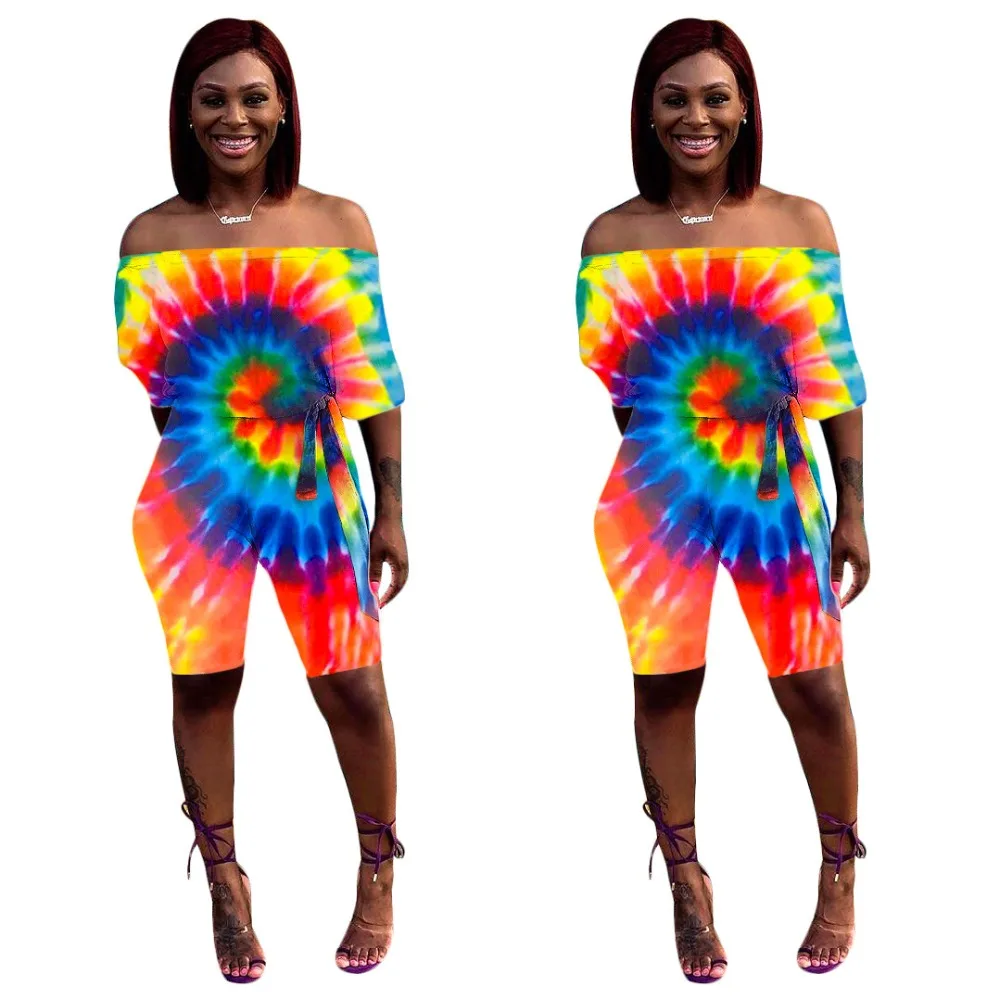 Tie dye костюмы для игры с принтом летние женские сланцы шеи Половина рукава и кружевные шорты пляжный стиль женский Облегающий комбинезон MS3607