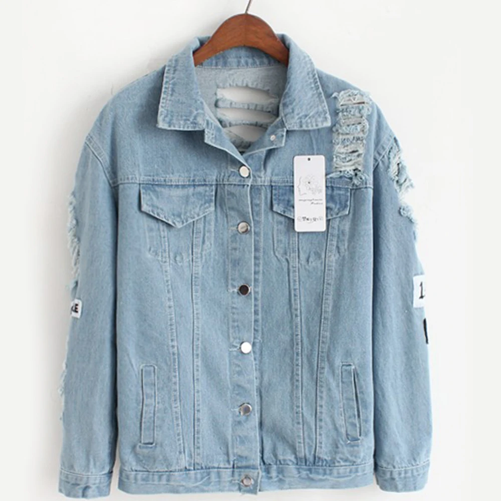 

Women Frayed Denim Bomber Jacket Harajuku Where Is My Mind Print Female Coat Autumn Casual Turn-down Collar Long Sleeve Jackets