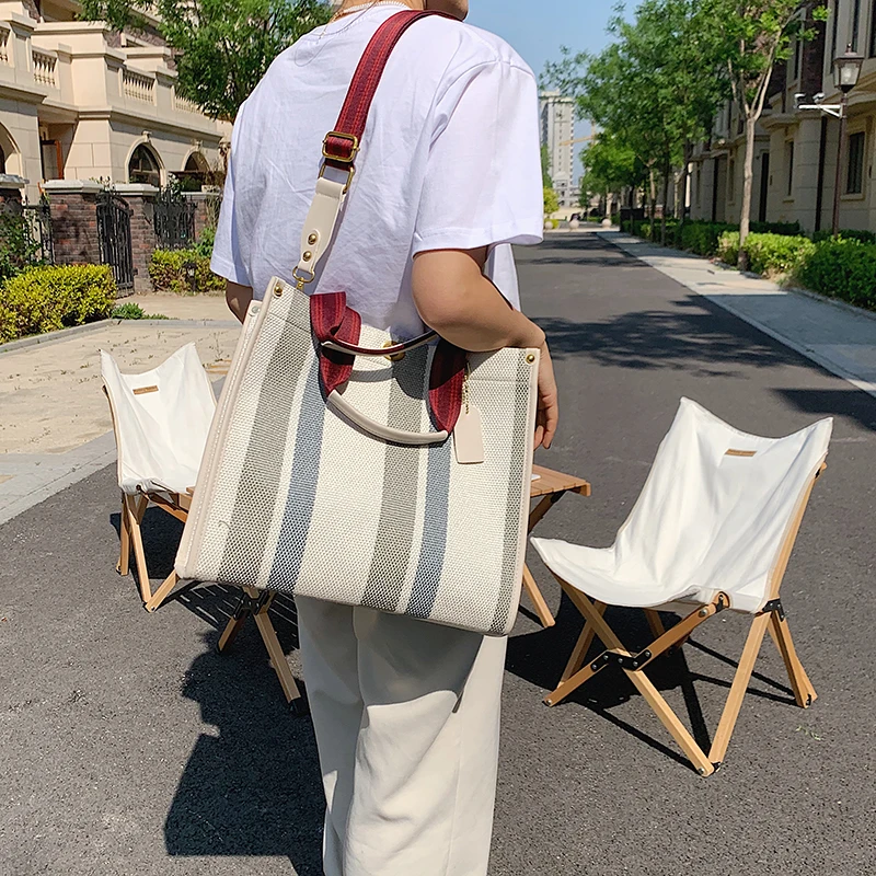 Large Tote Bag Casual Stripe Canvas Handbag For Women Wide Shoulder Strap Bag Female Trendy Texture Shoulder Commuter