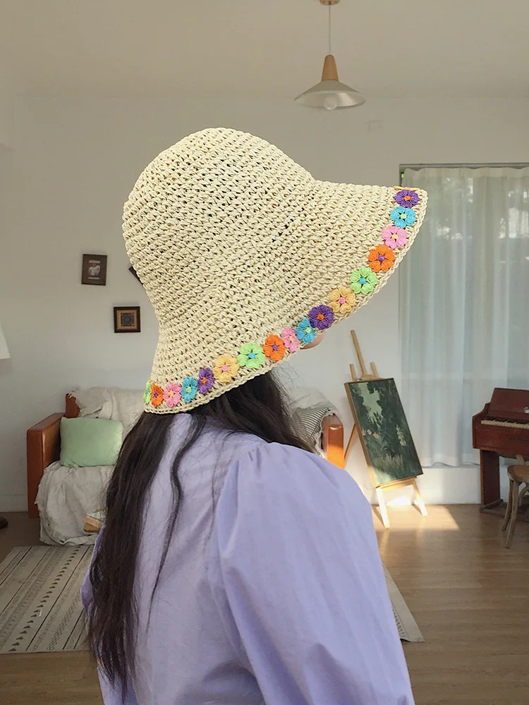 

South Korea Hipster Crochet Straw Hat Women's Versatile Summer College Style Bucket Hat Children Outing Sun-resistant Bucket Hat