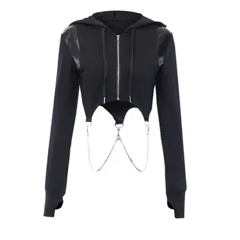 

Gothic Punk Style Short Long Sleeve Hooded Gothic Hip Hop Women Fashion Rockabilly Chain Zipper Irregular Coat For Girl