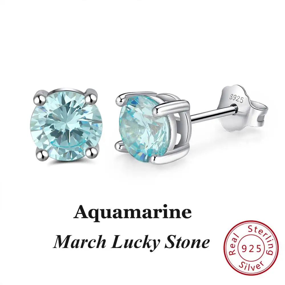 Mar-Aquamarine Effie queen 925 пробы серебряные серьги с камнем рождения для женщин AAA кубический циркон 12 цветов серьги-гвоздики модные ювелирные изделия для девочек BE84 - Цвет камня: Mar-Aquamarine