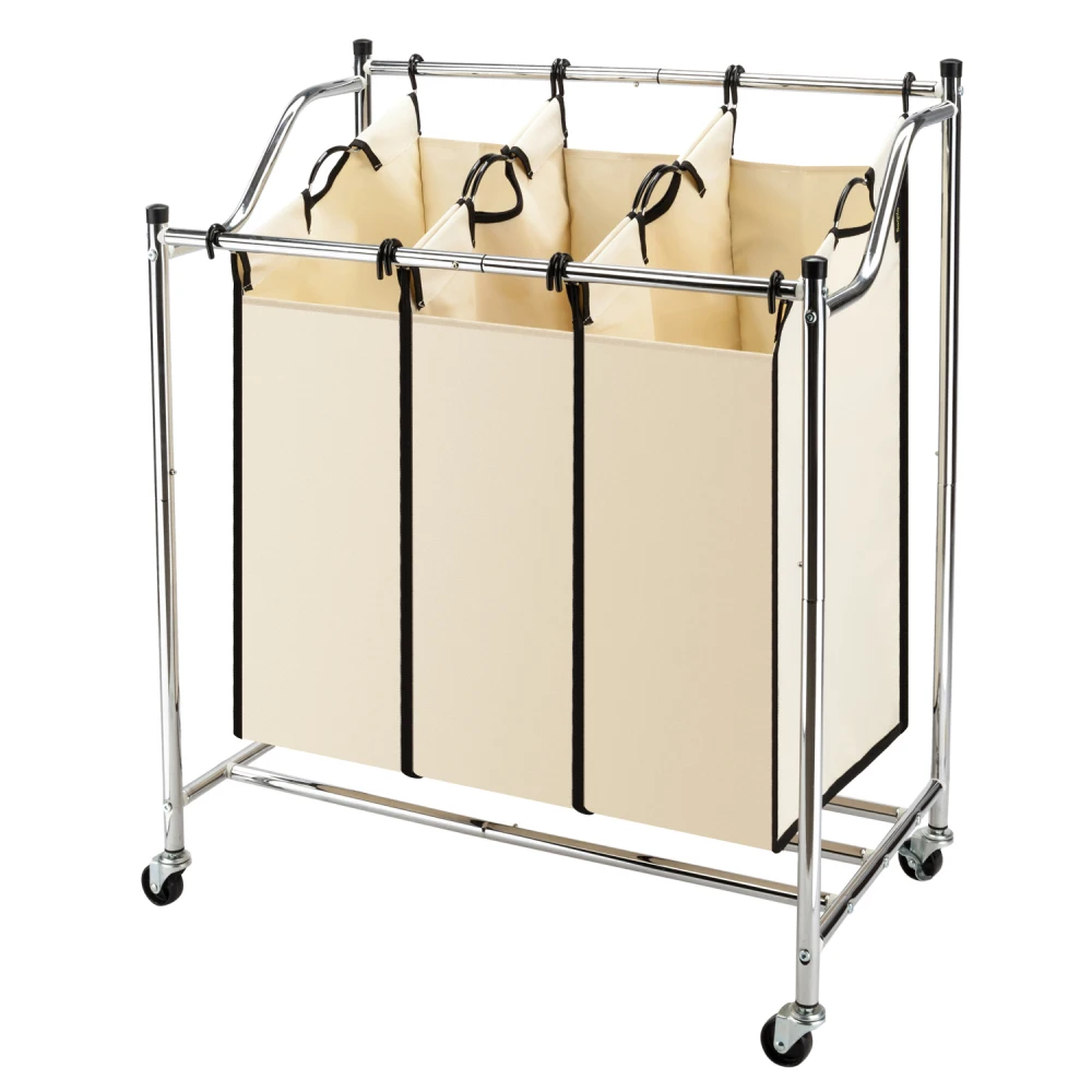 

3-Bag Laundry Sorter Cart on Wheels Mobile Laundry Hamper with Removable Bags Durable Removable Clothe Bracket Holder