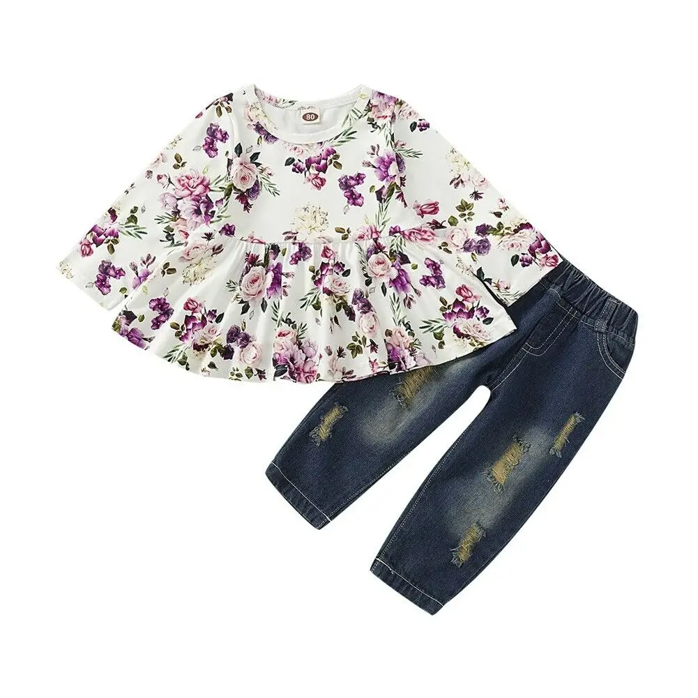  Toddler Baby Girl Floral Tunic Tops Long Sleeve Ruffle Floral Tunic Shirt Ripped Hole Jeans Denim P
