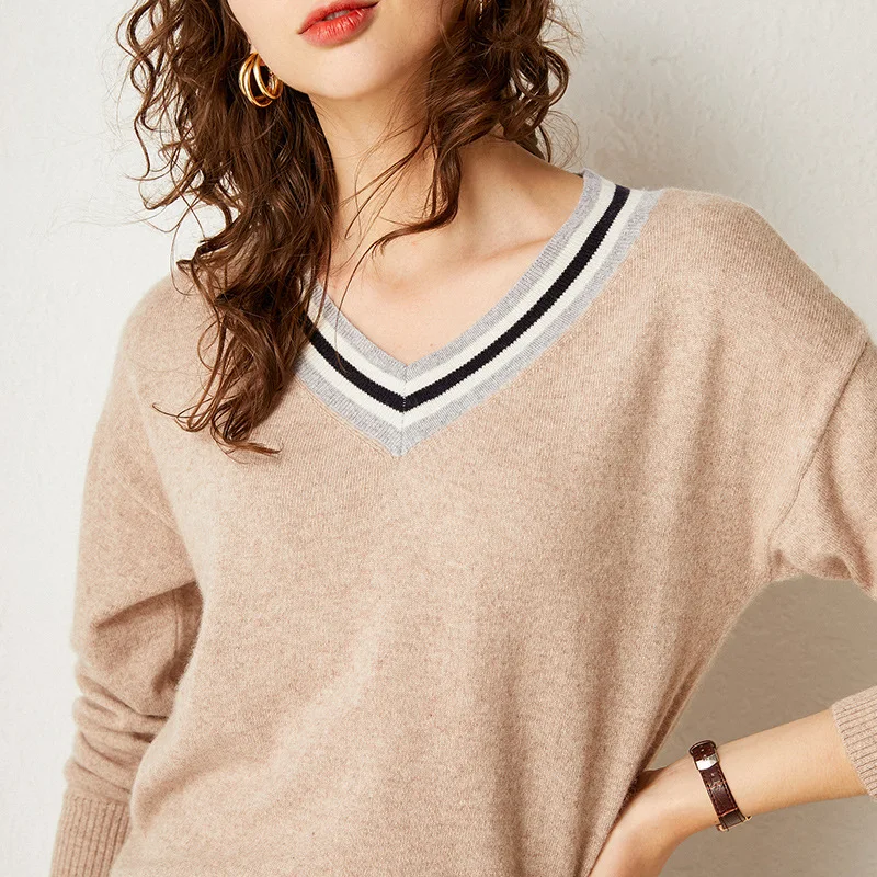 

2019 Autumn And Winter New Style Woollen Sweater Women's Loose-Fit V-neck Base Sweater Pullover Solid Color Sweater Women's 100