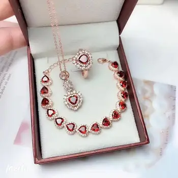

MeiBaPJ Natural Garnet Gemstone Jewelry set for Women Real 925 Sterling Silver Necklace Bracelet Ring Charm Fine Wedding Jewelry