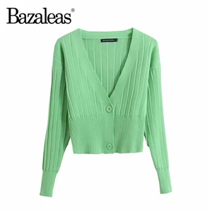 AY8 green 086 Bazaleas Винтаж для женщин pull femme уличная трикотажный кардиган Глубокий v-образный вырез два свитер пуговицы для женщин Прямая - Цвет: AY8 green 086
