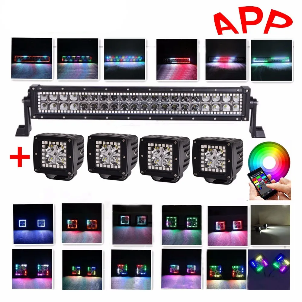120 Вт 22 дюйма прямой погоня RGB Halo светодиодный светильник для внедорожника, для прицепа, внедорожника, лодки, автомобиля с 4 шт разноцветными противотуманными лампами, вспомогательный светильник s