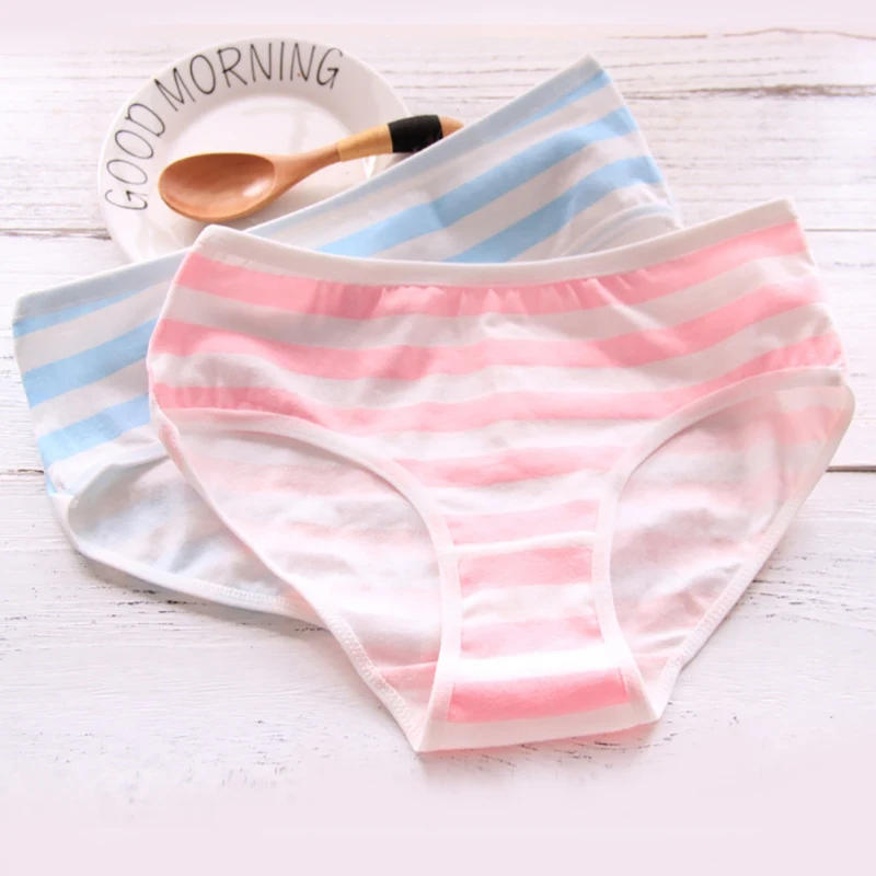 

Asian Style Cute Underwear Sexy Mid-rise Underpants Girls Cotton Briefs Japanese Style Pink Blue Stripe Panties Cosplay Fashion