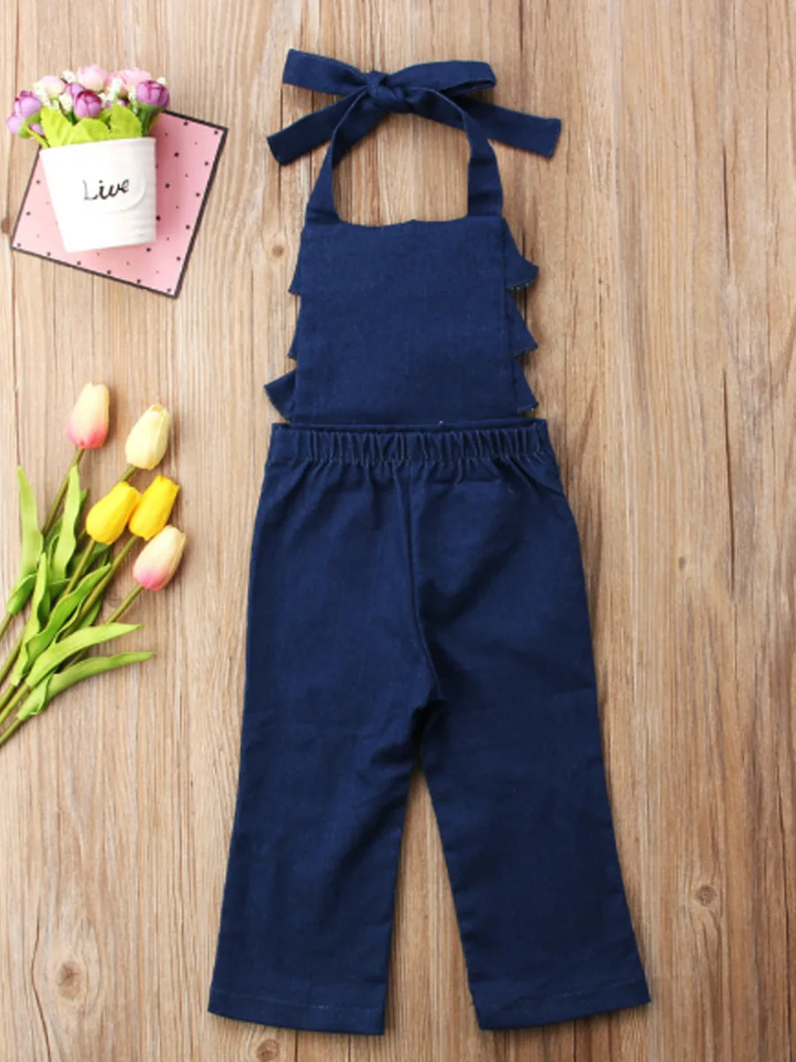 Летний комбинезон для девочек; джинсовый хлопковый Детский комбинезон с оборками; цельнокроеная модная одежда для девочек