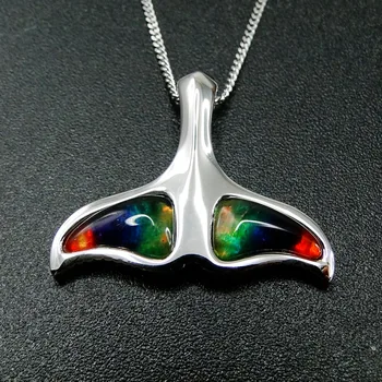 

Beautiful Ammolite Pendant in 925 Sterling Silver Natural Multi Color MOP Whale Tail Pendant Necklace For Gift