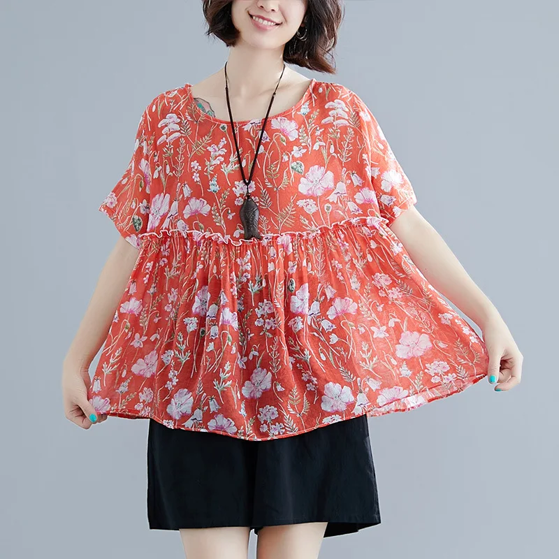 

2019 Summer New Style Literature And Art Loose Cotton Linen Printed Literature And Art Tops T-shirt + Elastic Waist Shorts Fashi
