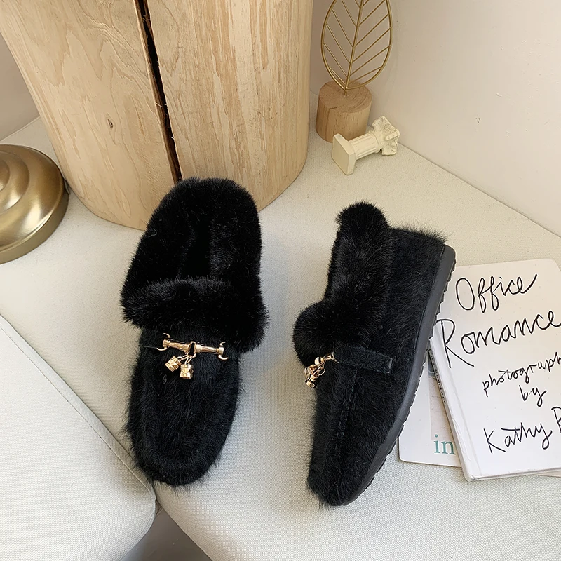 Г., модная женская плюшевая обувь на плоской подошве декоративная металлическая цепь, лоферы, женская зимняя теплая обувь черный и хаки