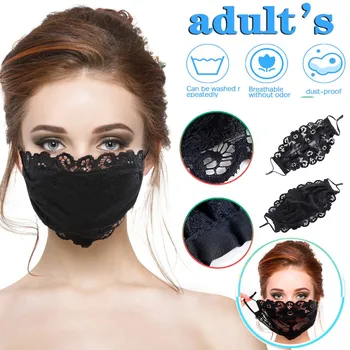 

2PC Adult Lace Mask Black Woman Face Mask Mouth Caps Fabric Breathable Mesh Face Cover Reusable Washable Mouth Mask mascarillas