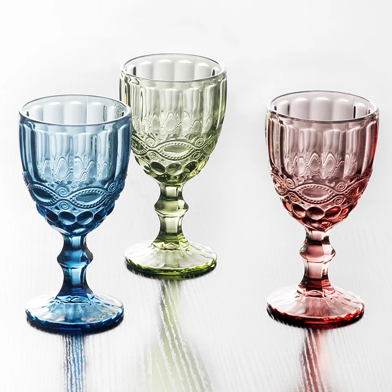 6pcs/Lot Retro Vintage Relief Red Wine Cup Engraving Embossment Glass Household Juice Drink Champagne Goblet Assorted Goblets