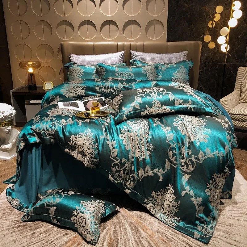 Sateen Cotton Jacquard Duvet Cover Set Soft Satin Silky Bedding Sets,Duvet Cover Flat Sheet 2 Pillowcases Double Queen King 4Pcs