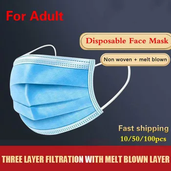 

10/50/100 Pcs Disposable Face Mask 3-layer Ply Filter Hanging Breathable Ear Filter Mask Mouth Non-woven Meltblown Masks