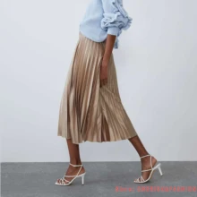 Весна осень модные женские Высокая талия плиссированные сплошной цвет Половина Длина эластичная юбка Акции Леди Зеленый Розовый Синий