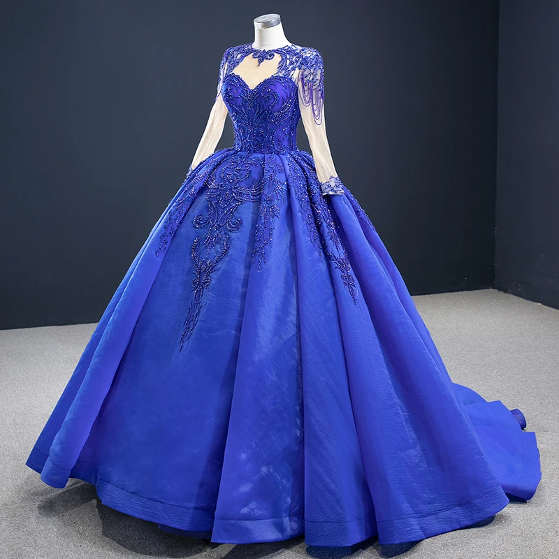 J67160 Bright Royal Blue Evening Dress 2020 Sequined Lace Up Back Beading Sweetheart Long Sleeve свабедное платье 4